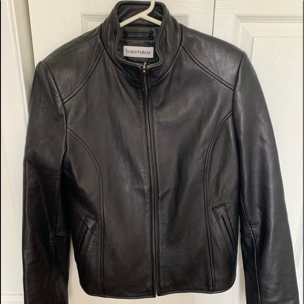 Ladies black leather jacket. Short. Great condition. 3 years old. Worn twice.